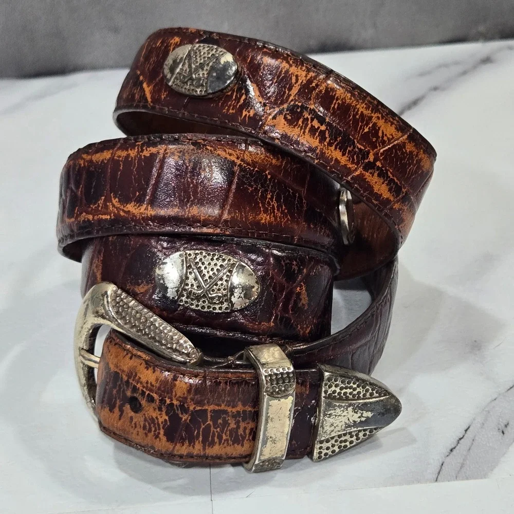 Croco Embossed Leather Golf Belt Mens 42 Brown Silver Concho Golfing Strap